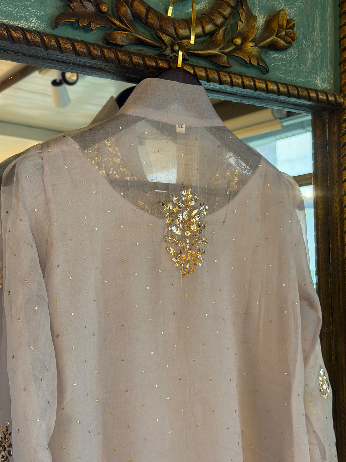 Grey Noor Organza Mukaish Badla Short Top With Bow Tie