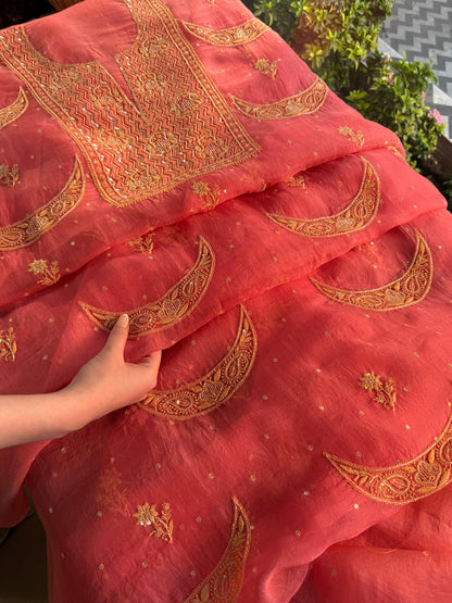 Peach Shade Noor Organza Silk Chikankari Unstitched Fabric