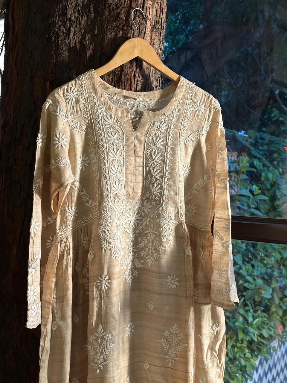 Natural Tussar Silk Chikankari Ready to Wear A Line Kurta