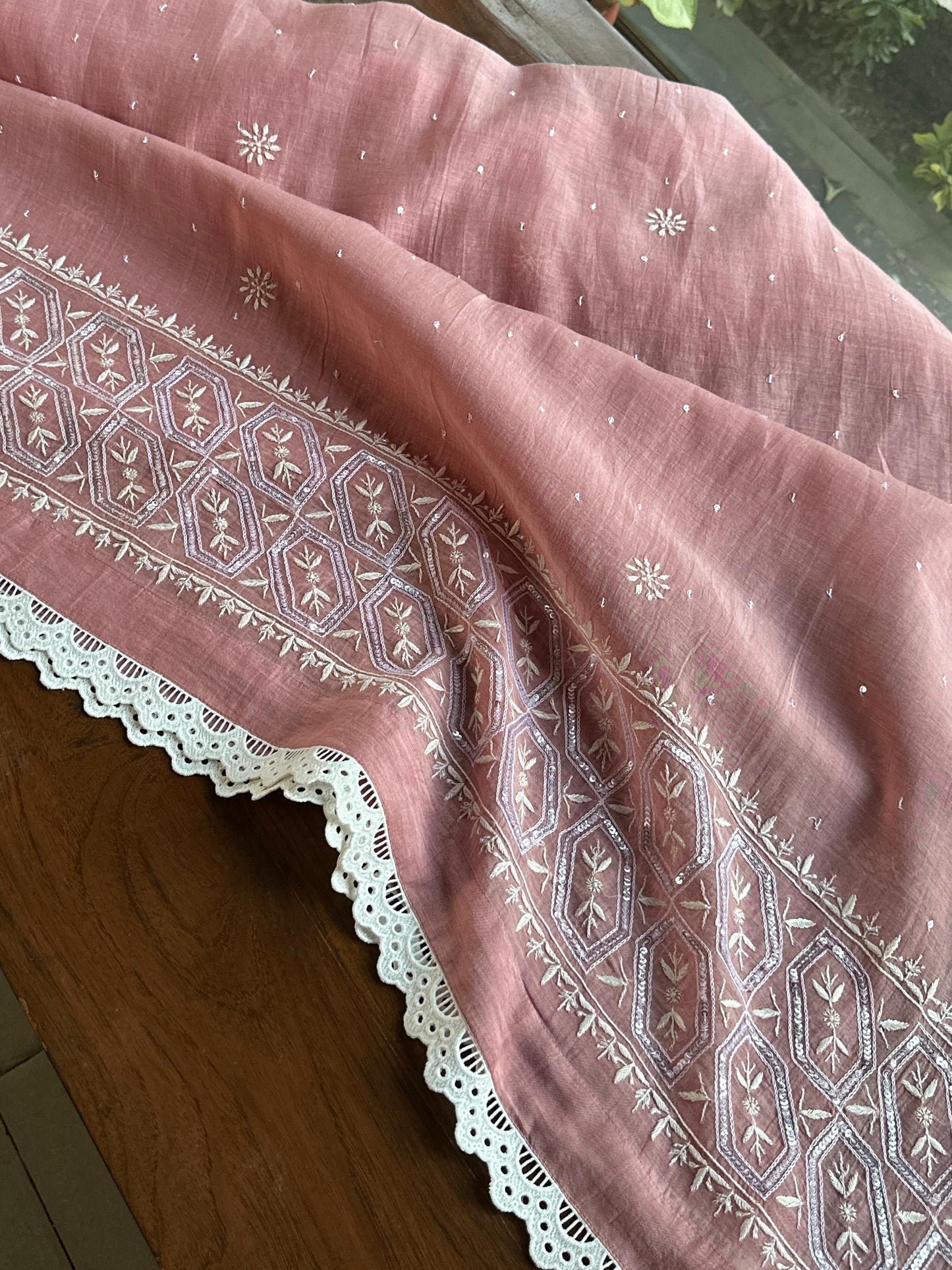 Soft Pink Mulmul Pearl White Chikankari Ready to Wear Kurta Set