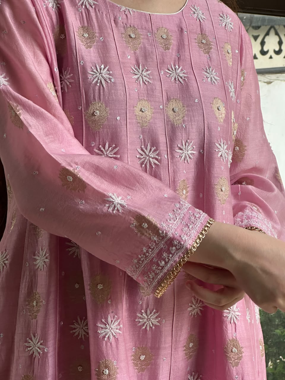 Soft Pink Zari Chanderi Chikankari Co-Ord Set