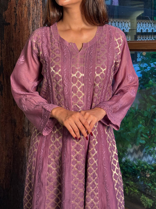 Purple Zari Chanderi Chikankari A Line Kurta with Slip