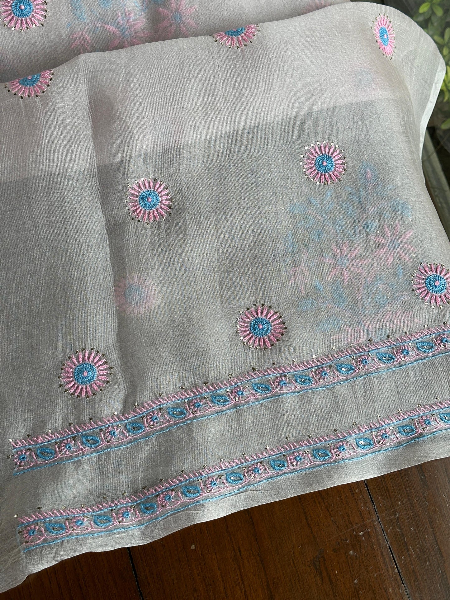 Dusty Lilac Multi Shade Organza Silk Chikankari Unstitched Fabric