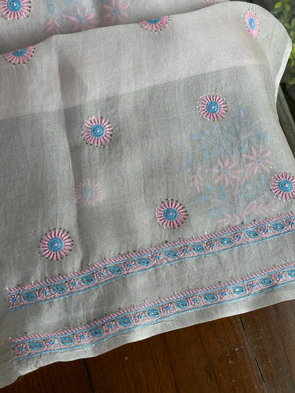 Dusty Lilac Multi Shade Organza Silk Chikankari Unstitched Fabric