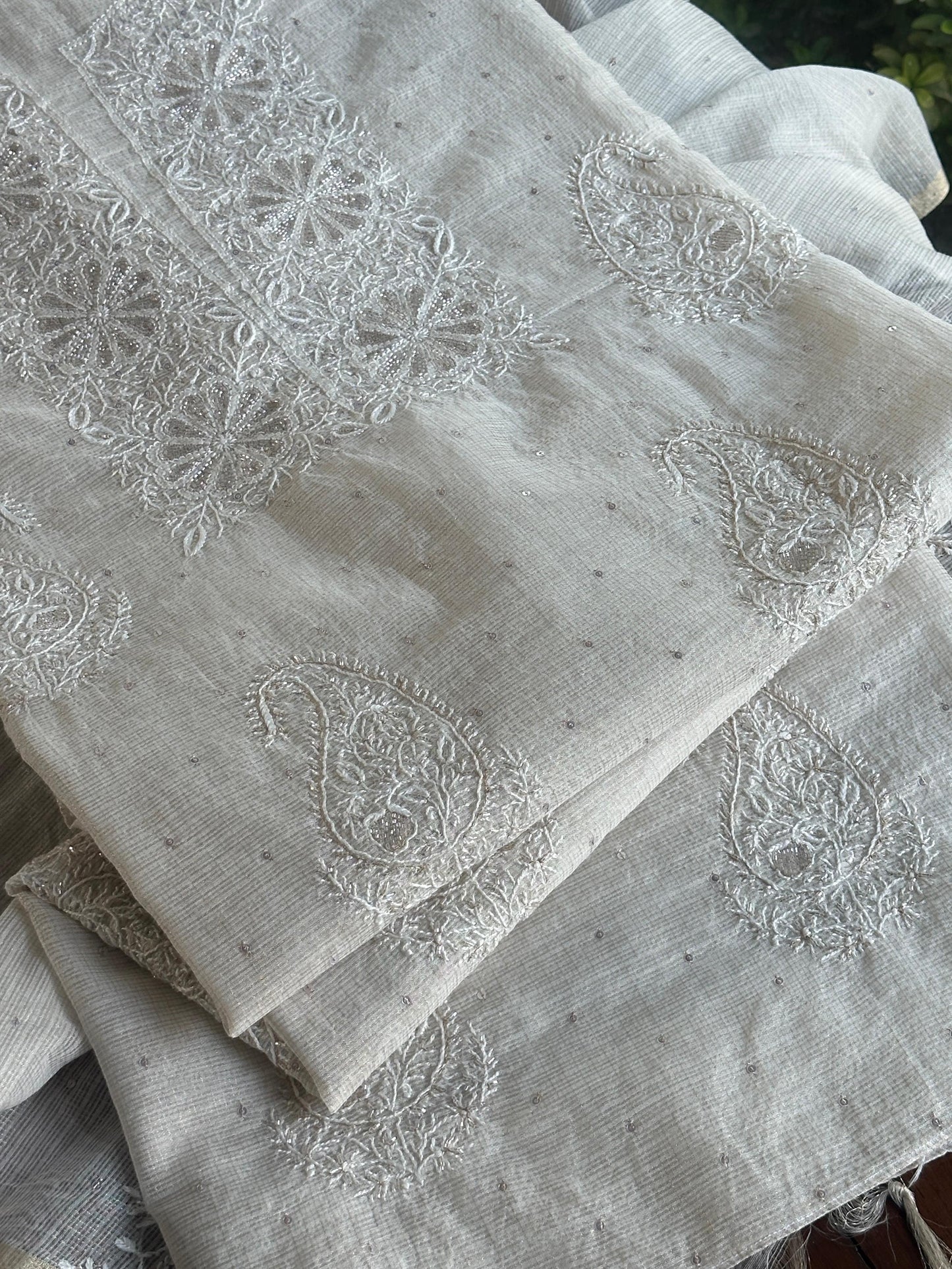 Off White Shade Tissue Zari Kota Chikankari Unstitched Fabric