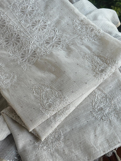 Off White Shade Tissue Zari Kota Chikankari Unstitched Fabric