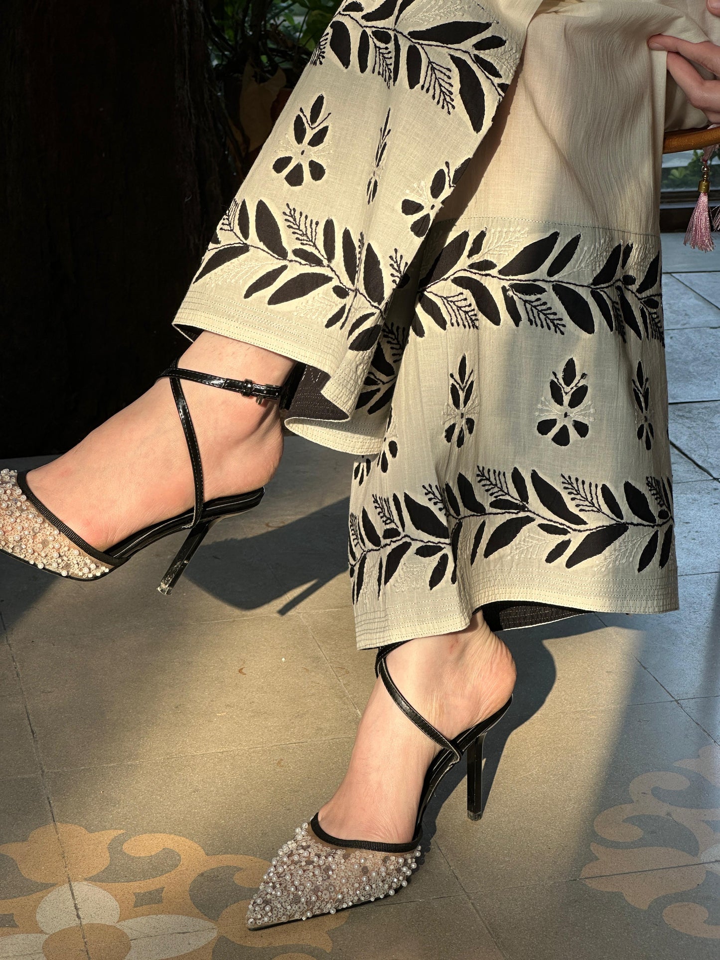 White & Black Floral Daraz Chikankari Palazzo