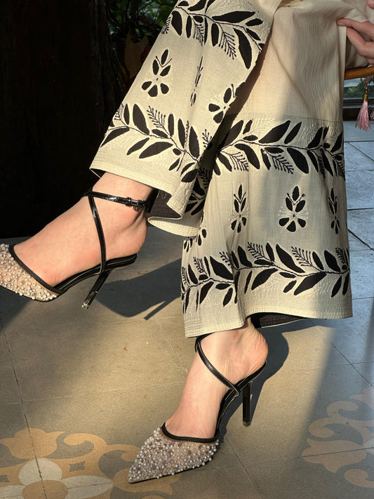 White & Black Floral Daraz Chikankari Palazzo