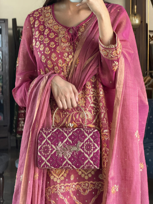 Hot Pink Shade Tissue Silk Chikankari Anarkali With Ari Work