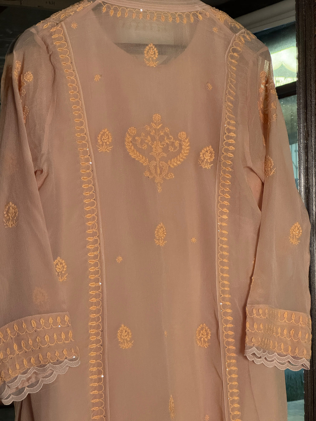 Peach Chiffon Chikankari Kurta with Lace Detailing