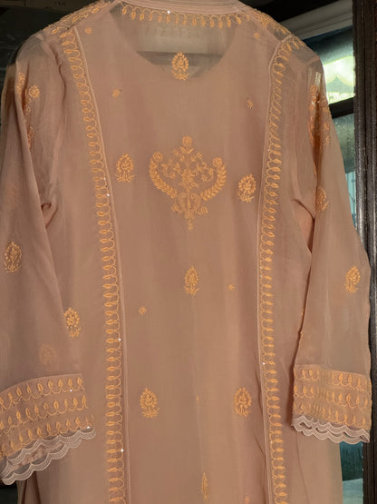 Peach Chiffon Chikankari Kurta with Lace Detailing