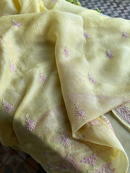 Pineapple Yellow | Noor Organza Silk Chikankari With Kamdani Fabric