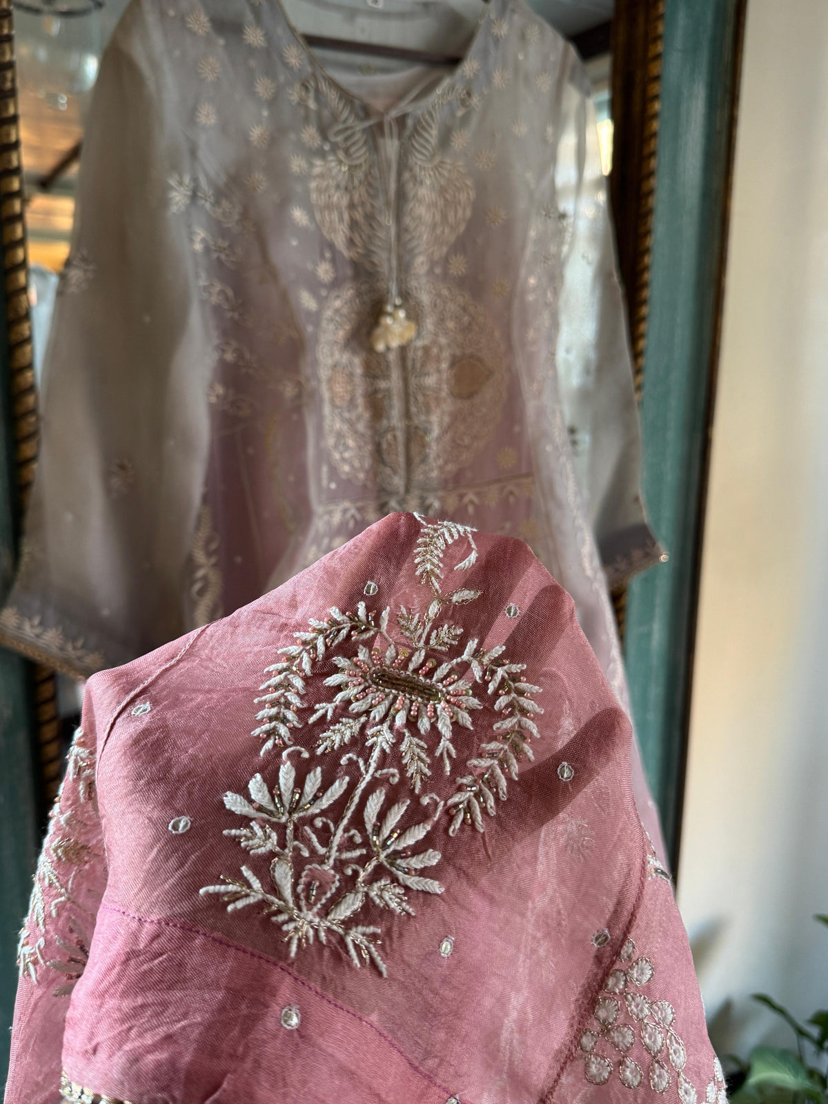 Grey & Pink Ombre Shade Noor Organza Chikankari Anarkali