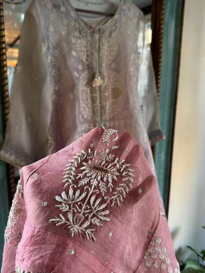 Grey & Pink Ombre Shade Noor Organza Chikankari Anarkali