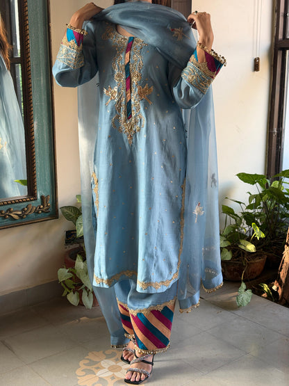 Pastel Blue Chanderi Silk Bird Motif Khadi Salwar Set
