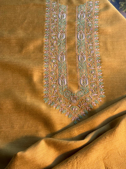Mustard Yellow Moonga Silk Chikankari Men’s Kurta Fabrics