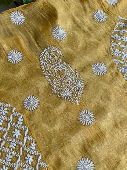 Gold Yellow Shade | Tissue Silk Chikankari Jaali Work Kurta Set