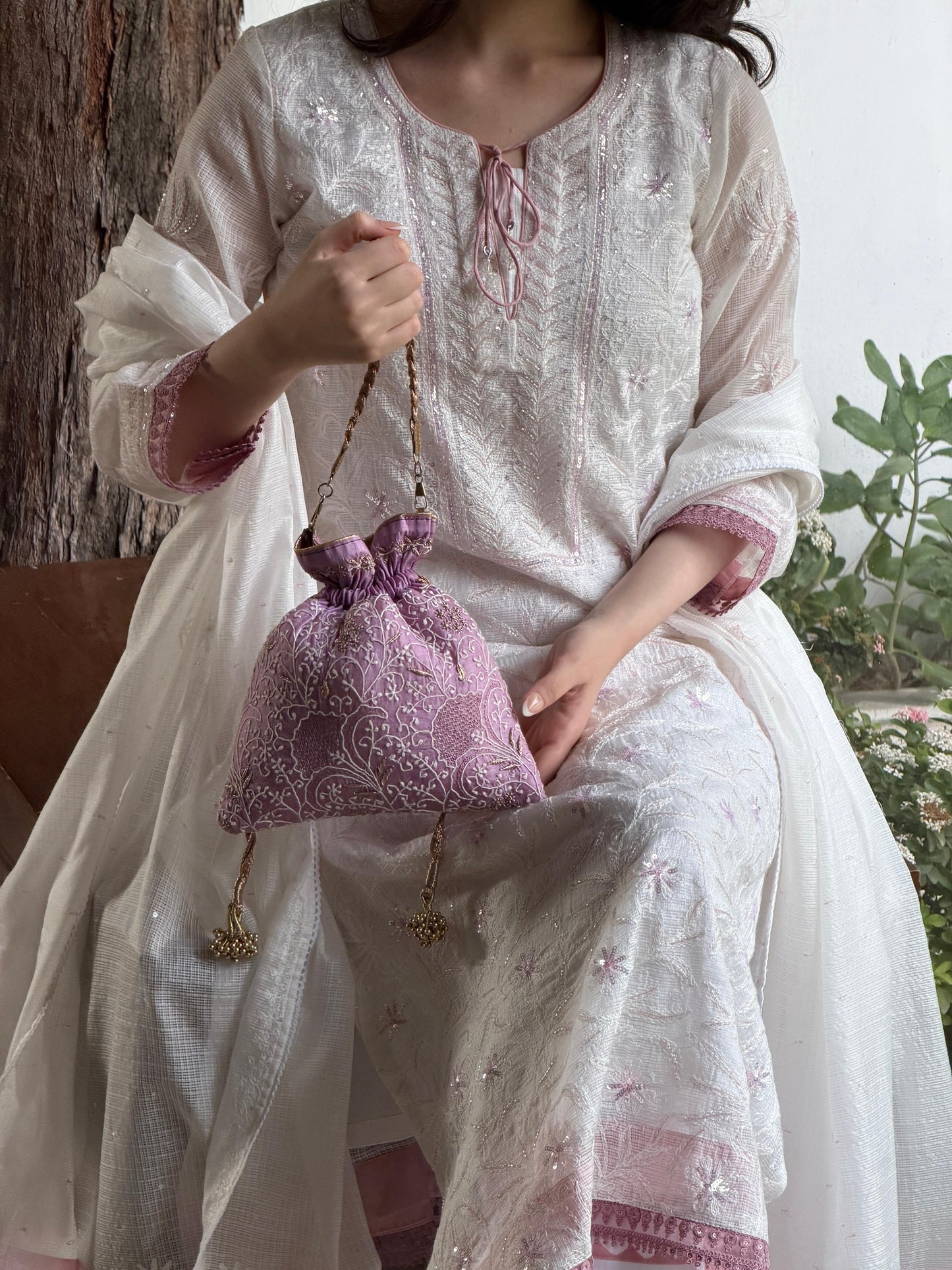 Powder Mauve Shade Kota Pearl Work Chikankari Kurta Set
