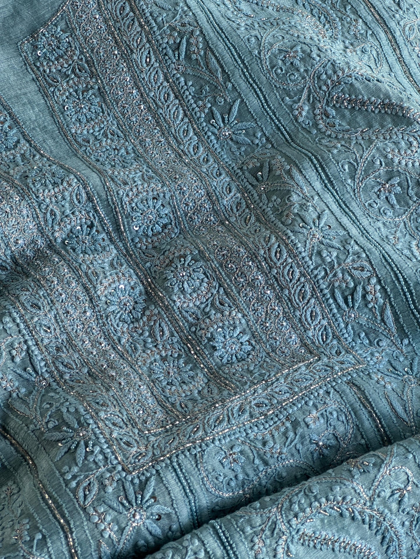Sky Blue Shade Linen Silk Chikankari With Ari Work Unstitched Kurta Dupatta Set