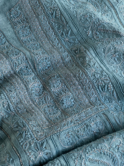 Sky Blue Shade Linen Silk Chikankari With Ari Work Unstitched Kurta Dupatta Set