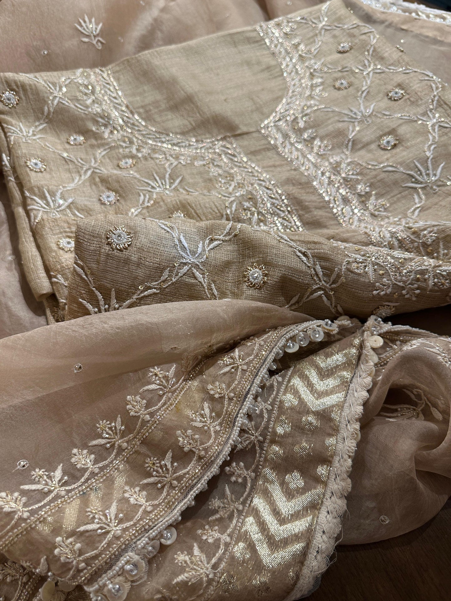 Beige Rasm Tussar Kota Chikankari Unstitched Chikankari Fabrics