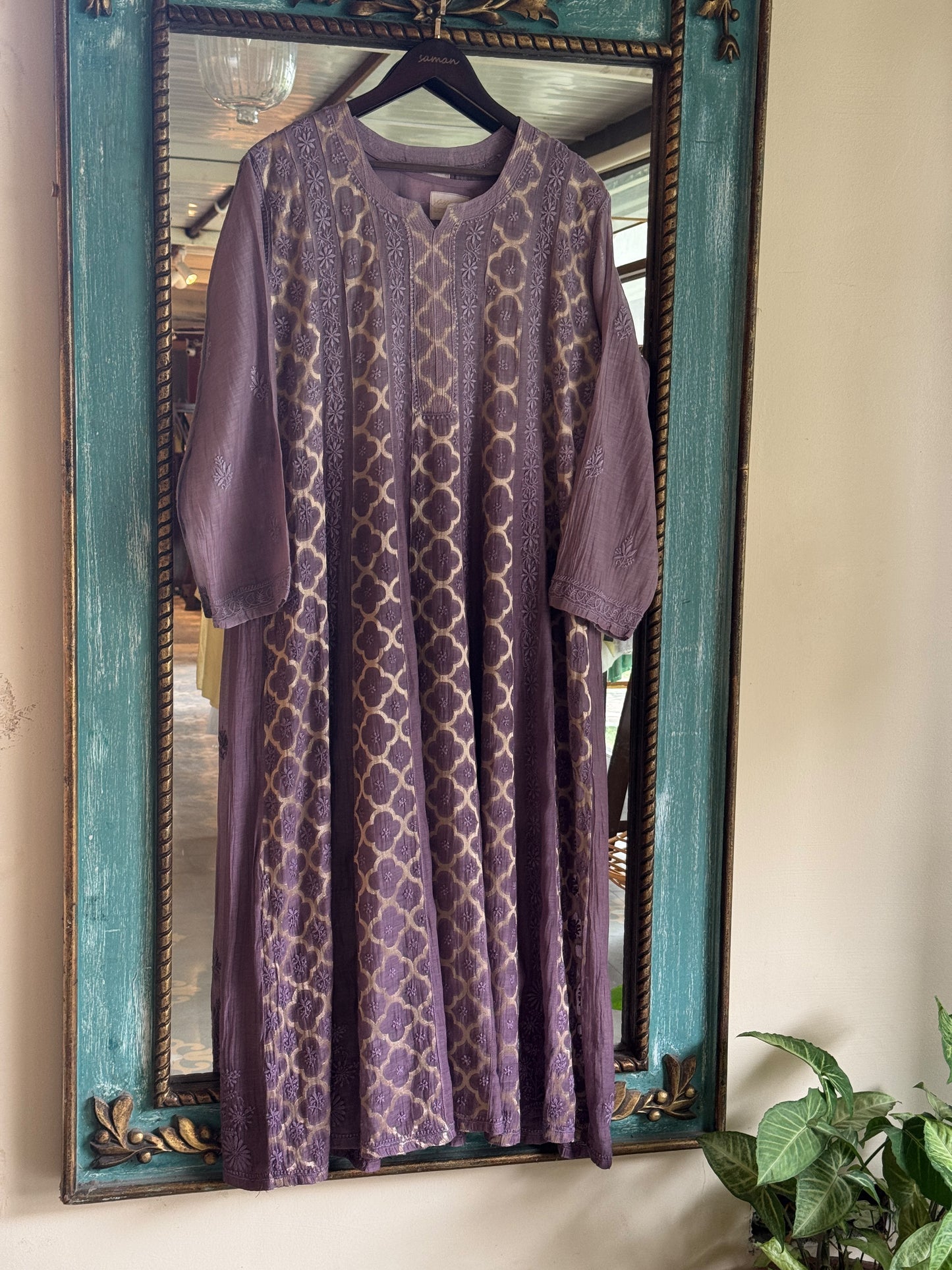 Purple Lavender Zari Chanderi Chikankari A Line Kurta with Slip