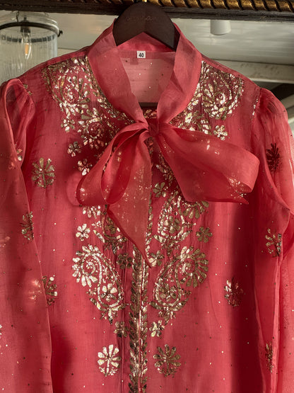 Carrot Pink Noor Organza Mukaish Badla Short Top With Bow Tie
