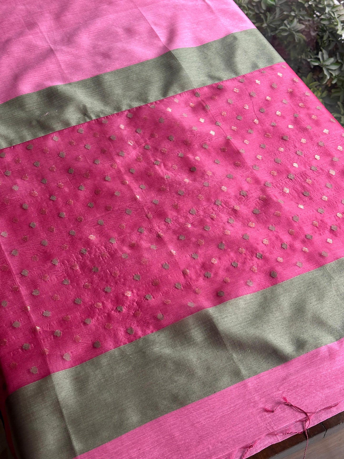 Hot Pink Woven Butta Saree with Contrast Grey Border