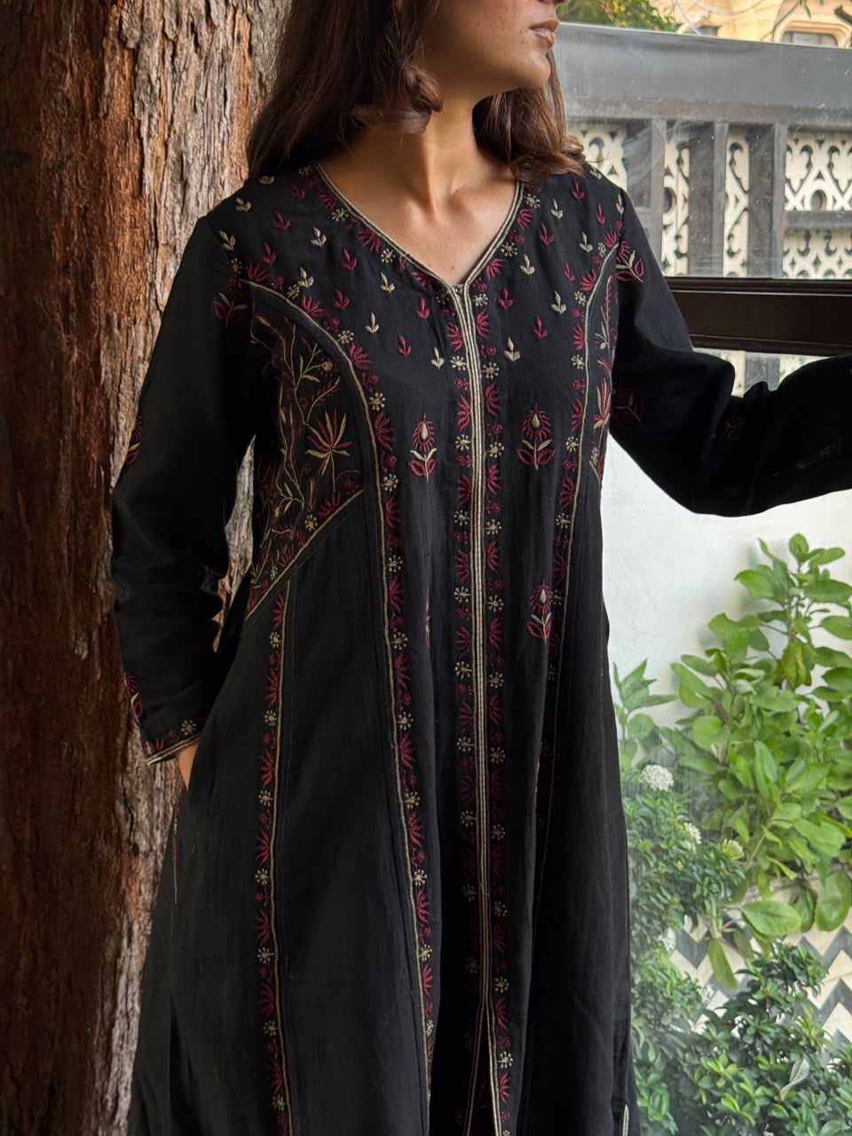 Black Handspun Malkha Chikankari Panel Tunic