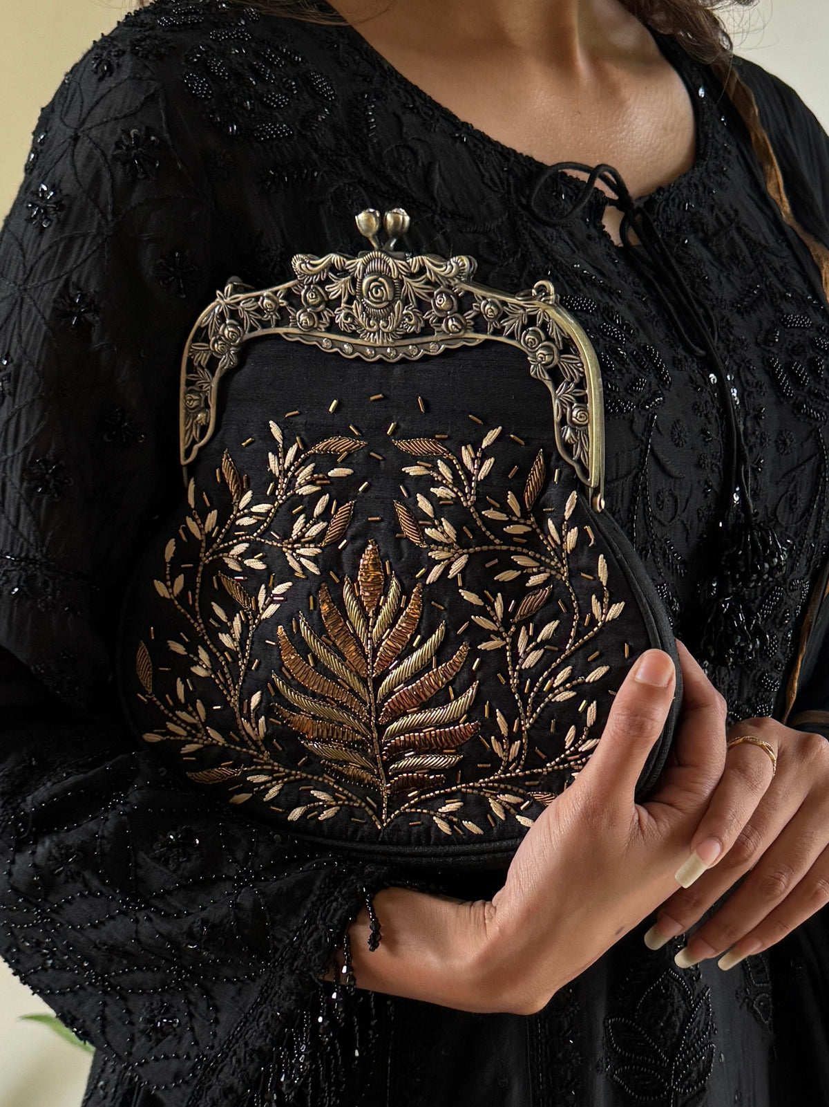 Black Raw Silk Vintage Ari Mukaish Sling Bag