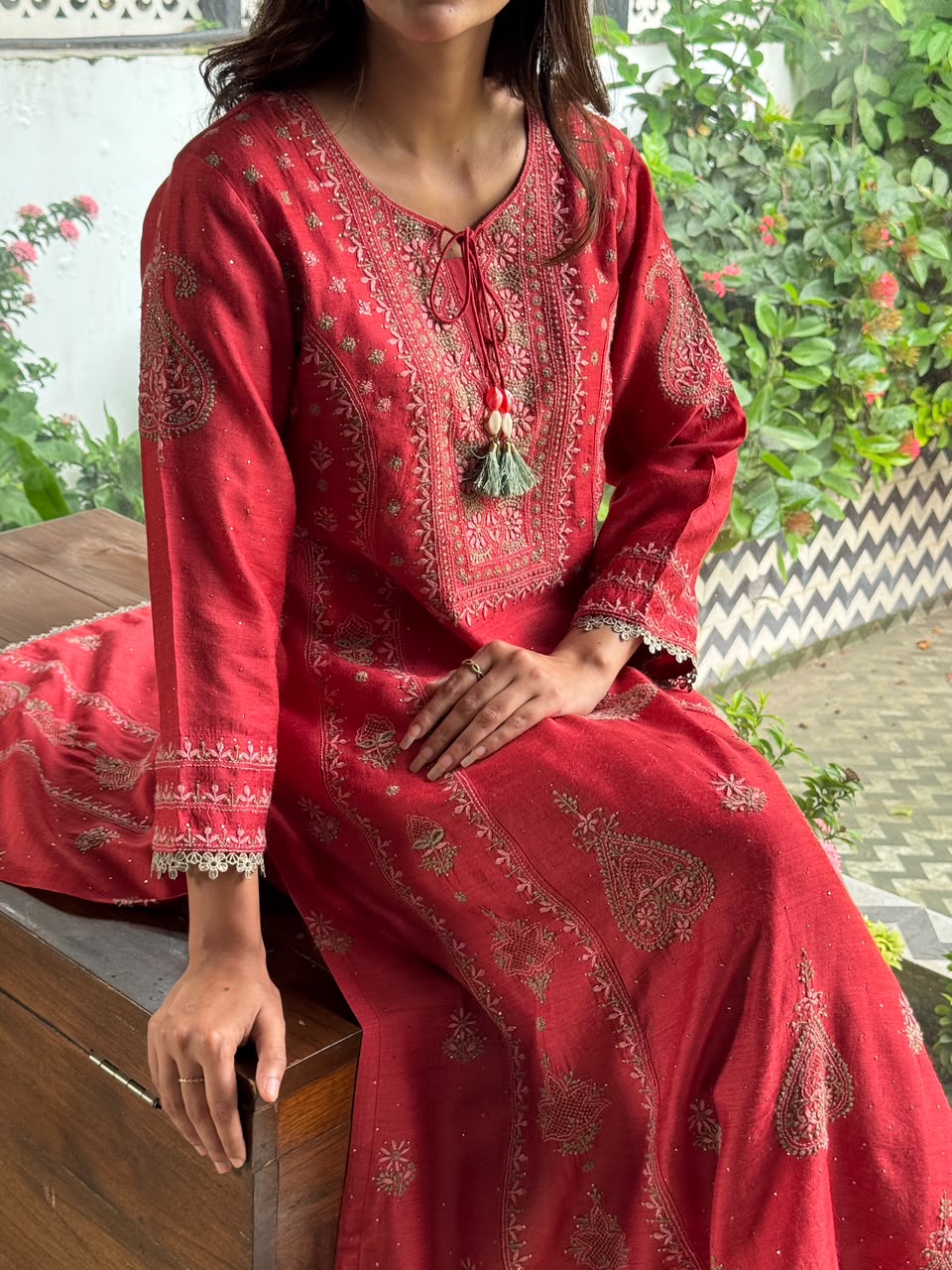 Brick Red Moonga Silk Chikankari Anarkali With Dupatta