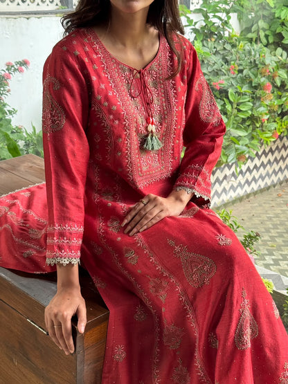 Brick Red Moonga Silk Chikankari Anarkali With Dupatta