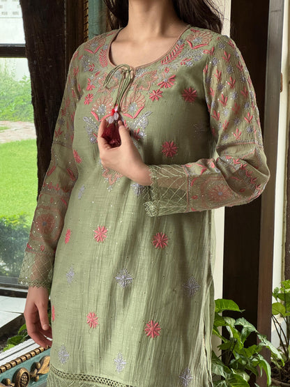 Green Shade Mul Chanderi Chikankari Farshi Sets
