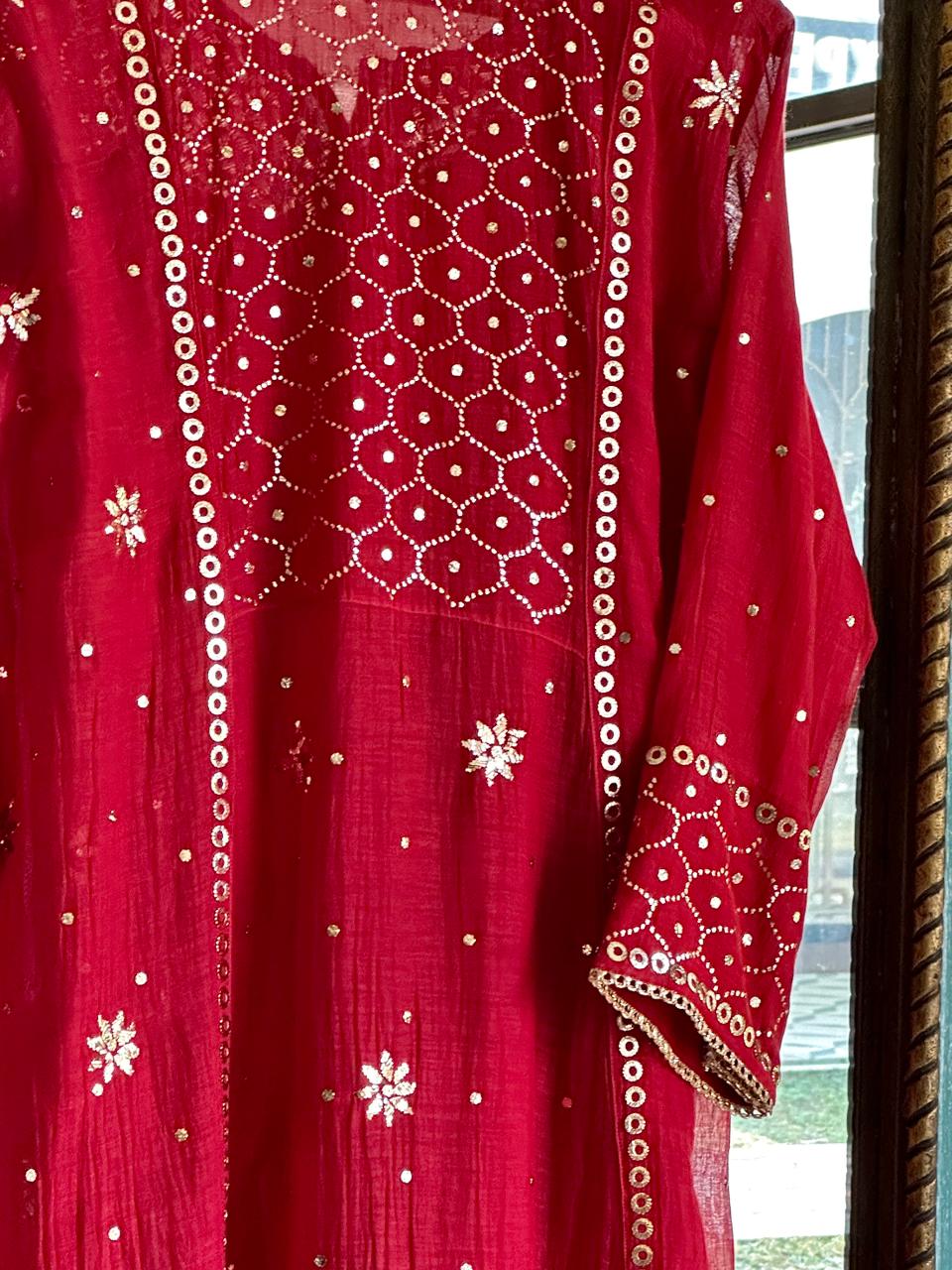 Cherry Red Shade Mukaish Mul Chanderi Silk Dress