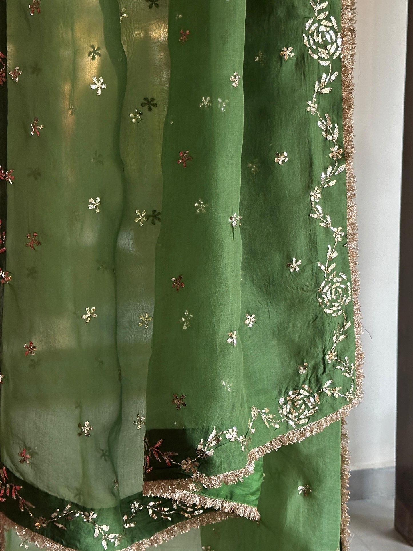 Green Moonga Silk Mukaish Badla Lehenga Set