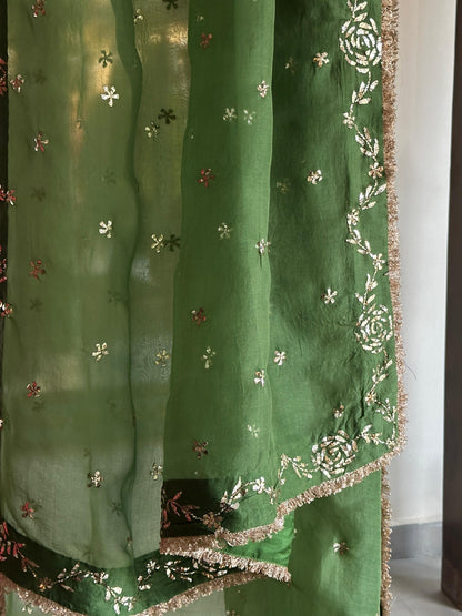 Green Moonga Silk Mukaish Badla Lehenga Set