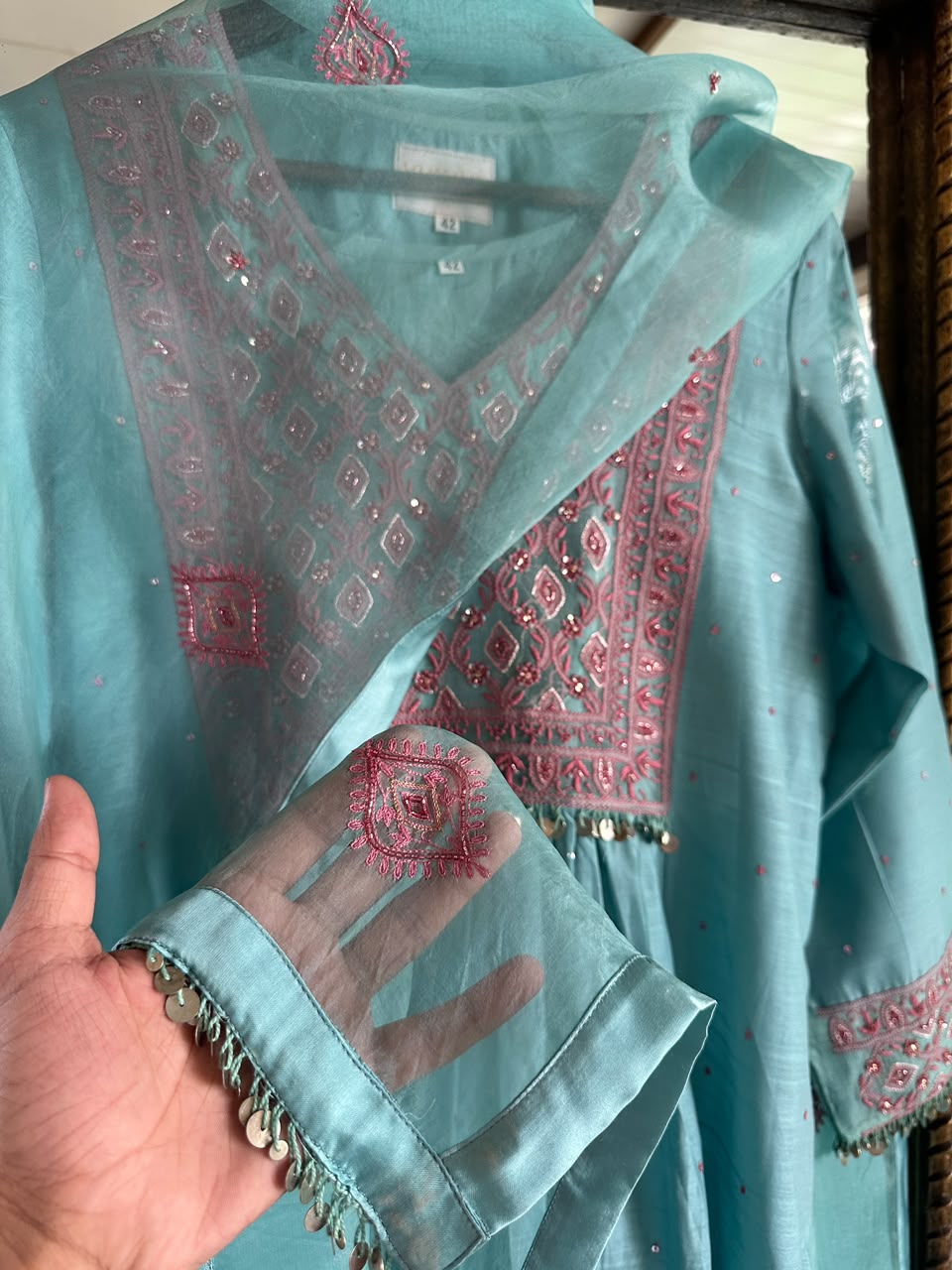 Fountain Blue Sico Chikankari Tux Style Kurta Set with Zardosi Work