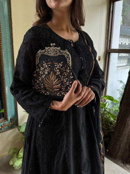 Black Malmal Pearl Work Chikankari A Line Kalidar Kurta With Dupatta