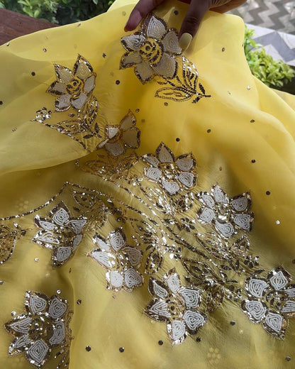 Yellow Noor Organza Silk Mukaish Pearl Chikankari Unstitched Fabric