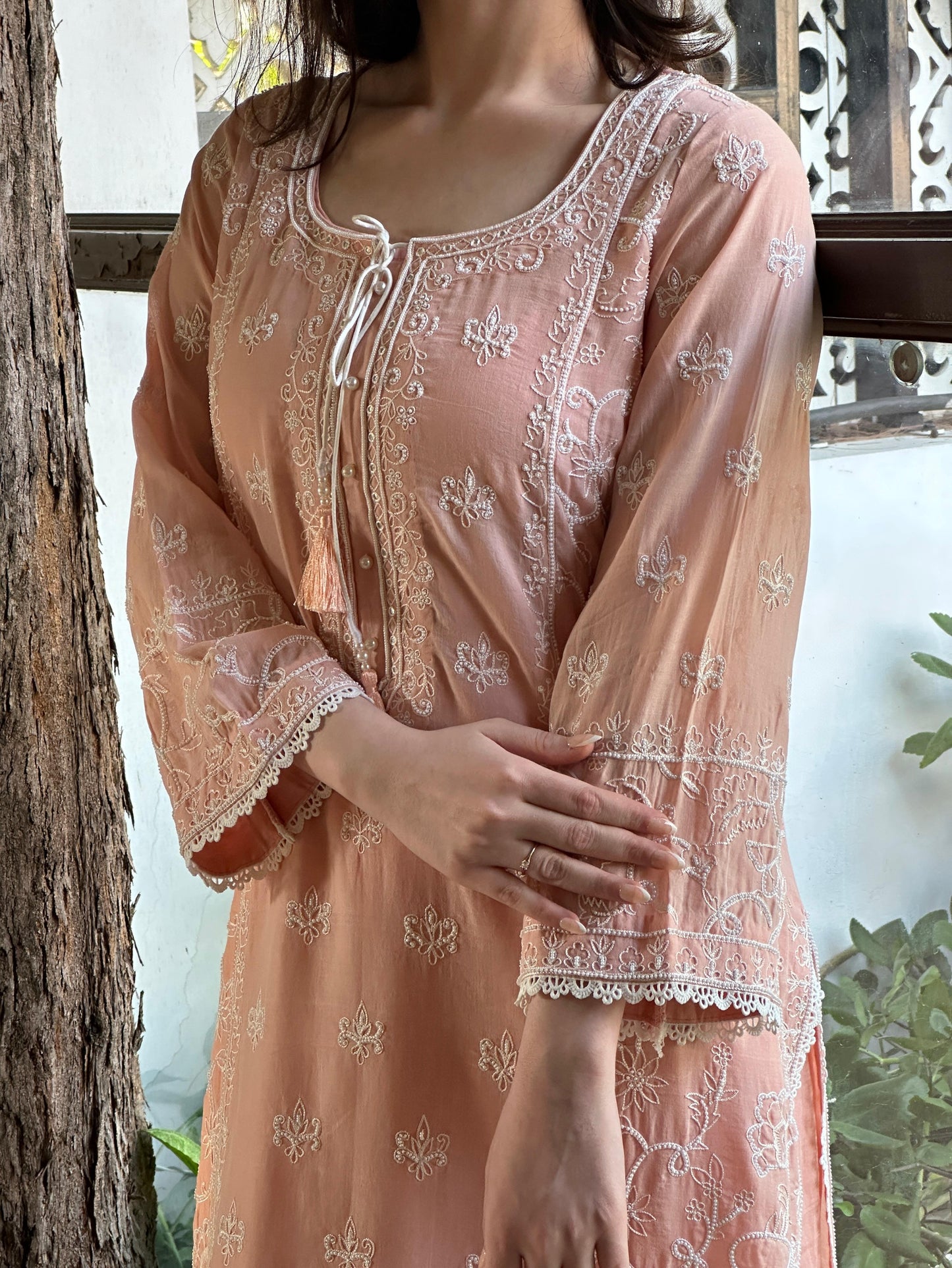 Peach Shade Malmal Pearl Work Chikankari Kurta Set