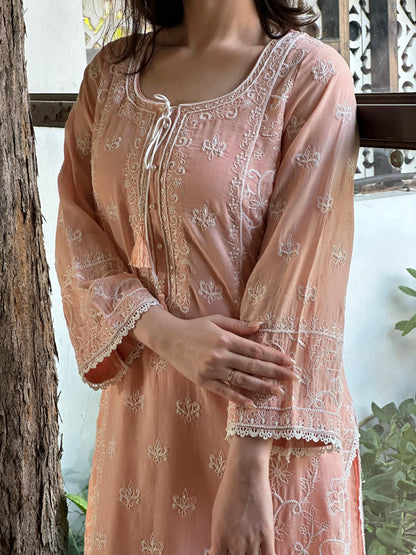 Peach Shade Malmal Pearl Work Chikankari Kurta Set