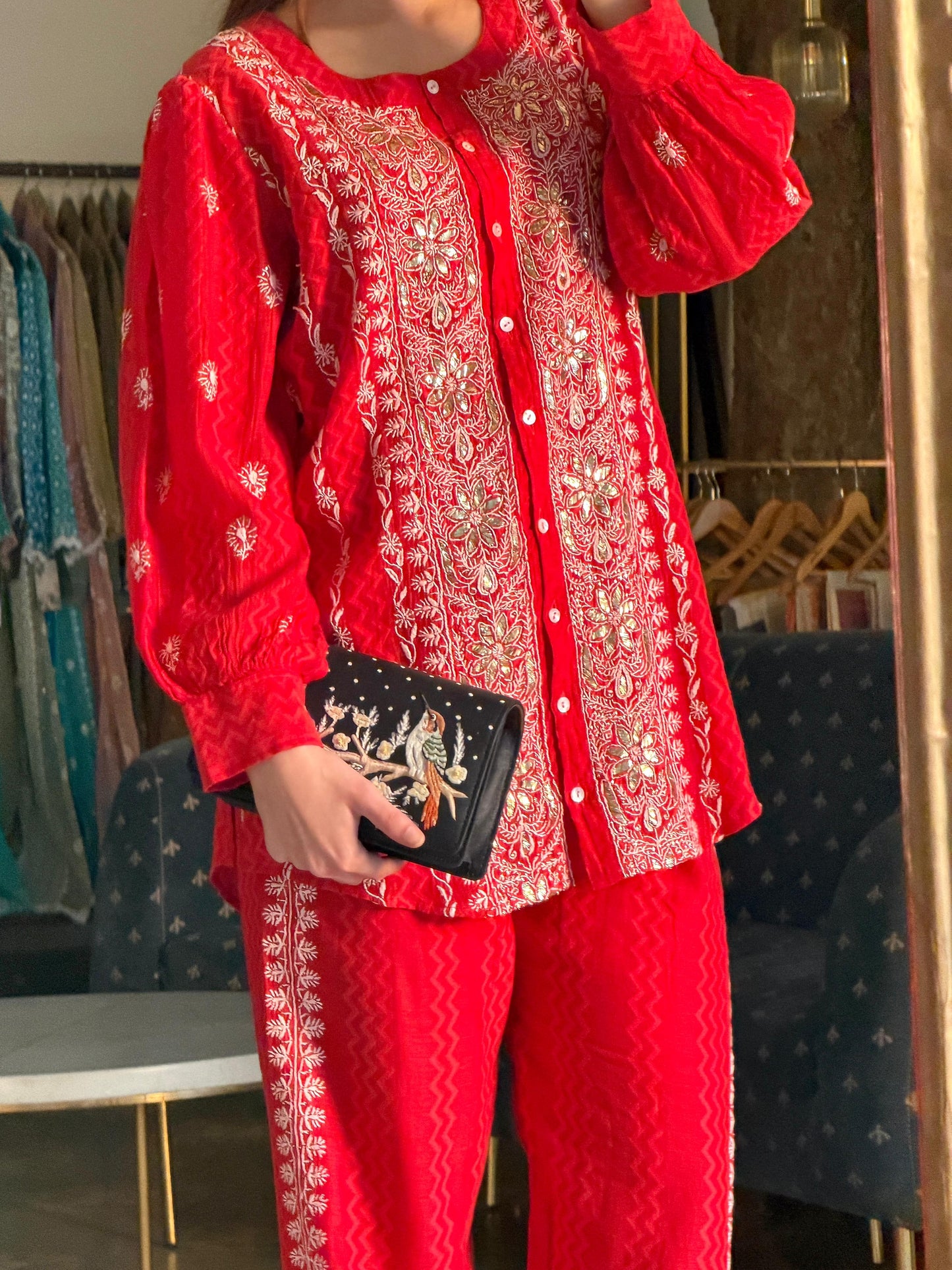 Crimson Red | Jacquard Sequins Chikankari Co-Ord Set