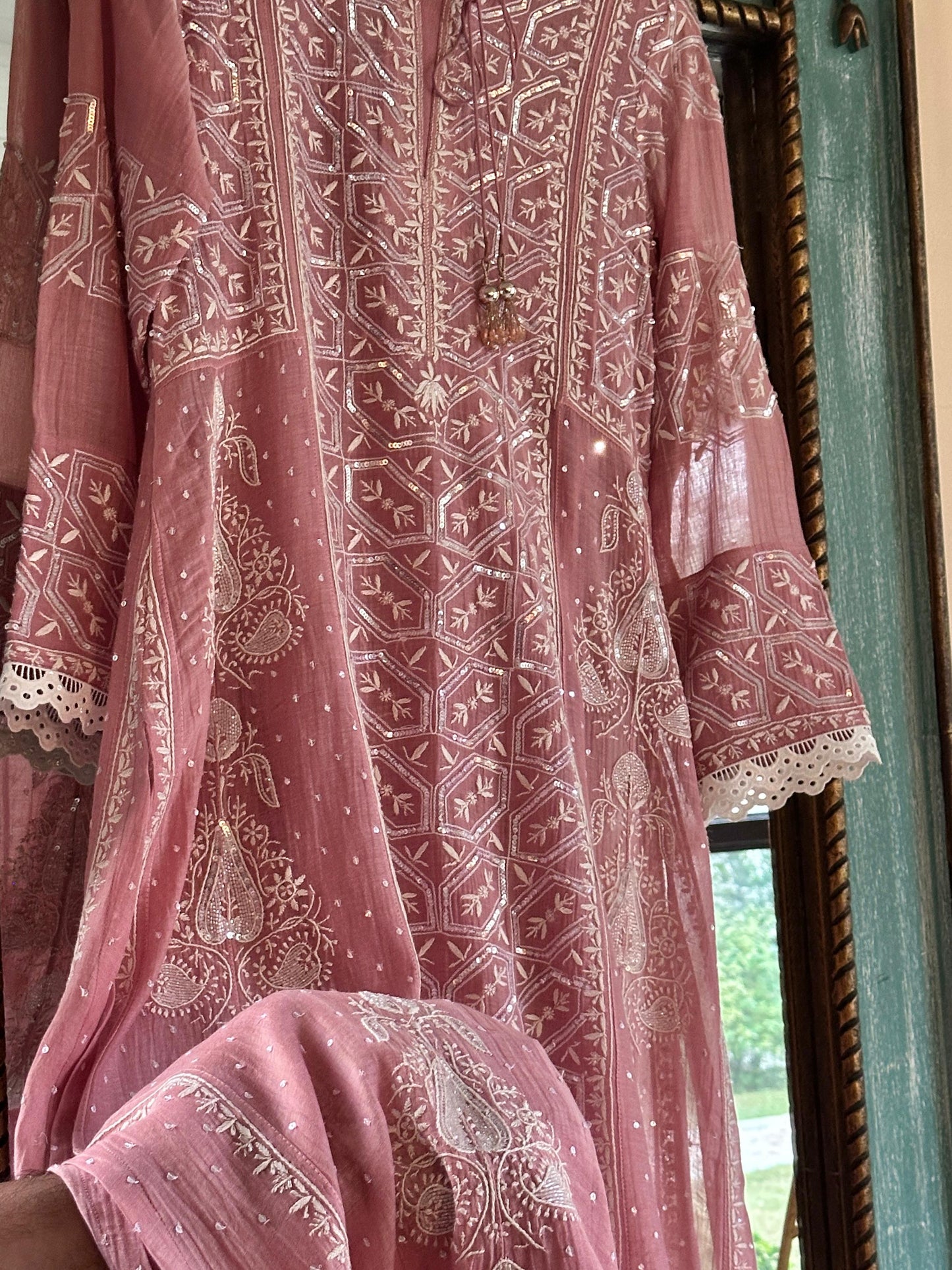 Soft Pink Mulmul Pearl White Chikankari Ready to Wear Kurta Set