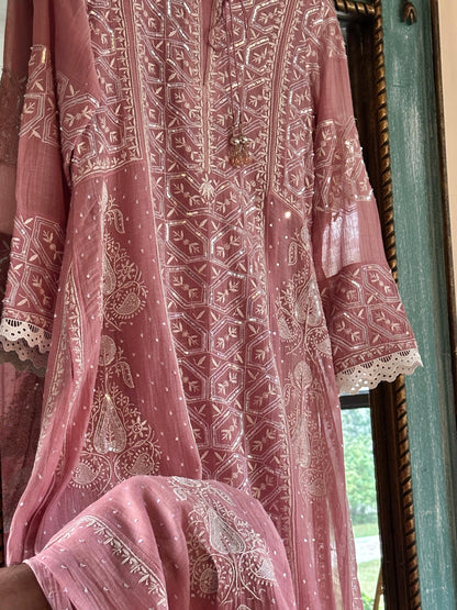 Soft Pink Mulmul Pearl White Chikankari Ready to Wear Kurta Set