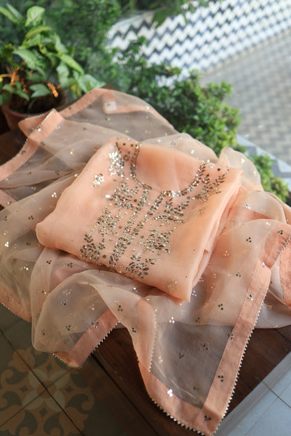 Peach Shade Noor Organza Silk Badla Unstitched Kurta Dupatta Set