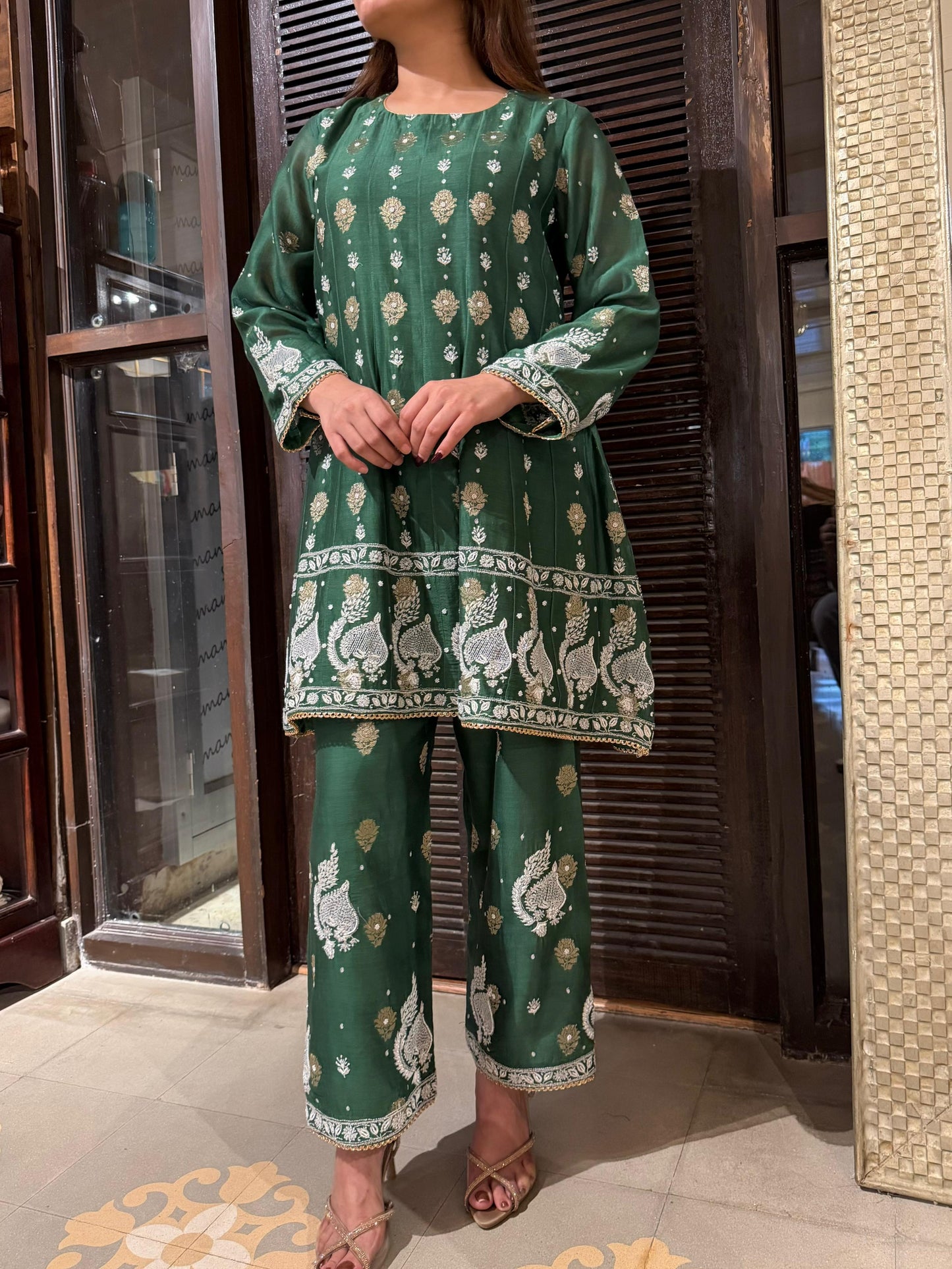 Green Zari Chanderi Chikankari Co-Ord Set