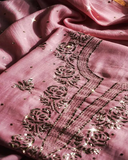 Pink Shade Chanderi Silk Mukaish Badla Unstitched Fabrics