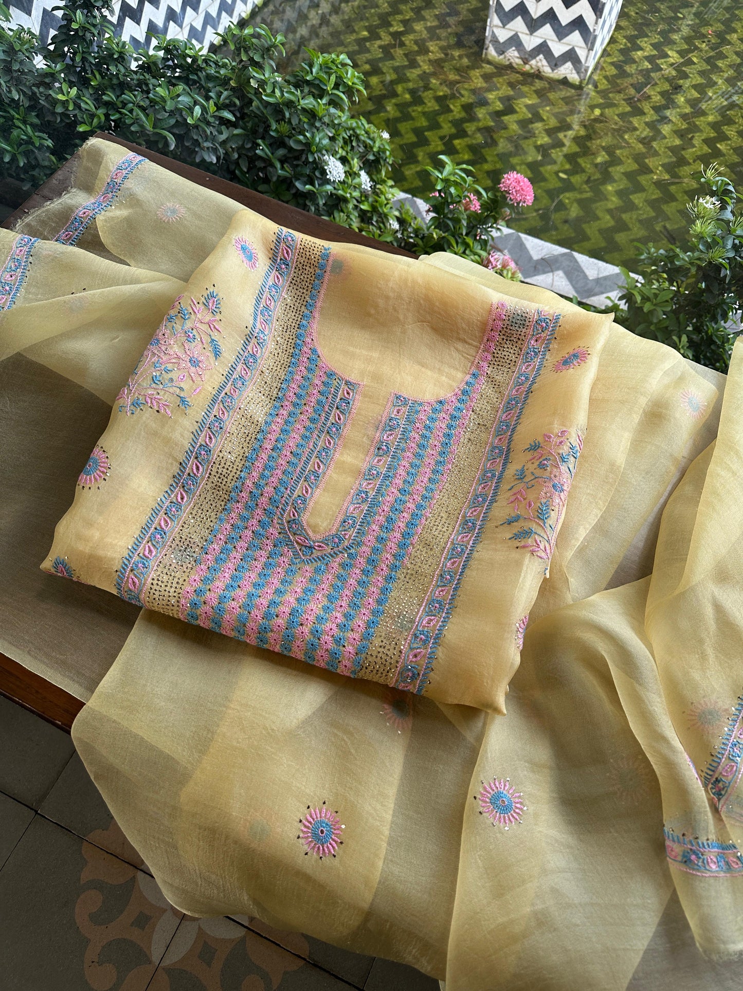 Yellow Multi Shade Organza Silk Chikankari Unstitched Fabric