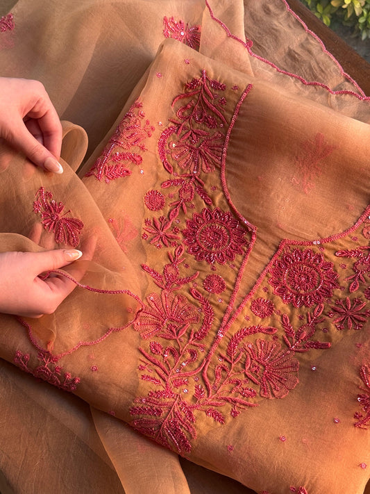 Beige & Peach Shade Noor Organza Silk Chikankari Unstitched Fabric