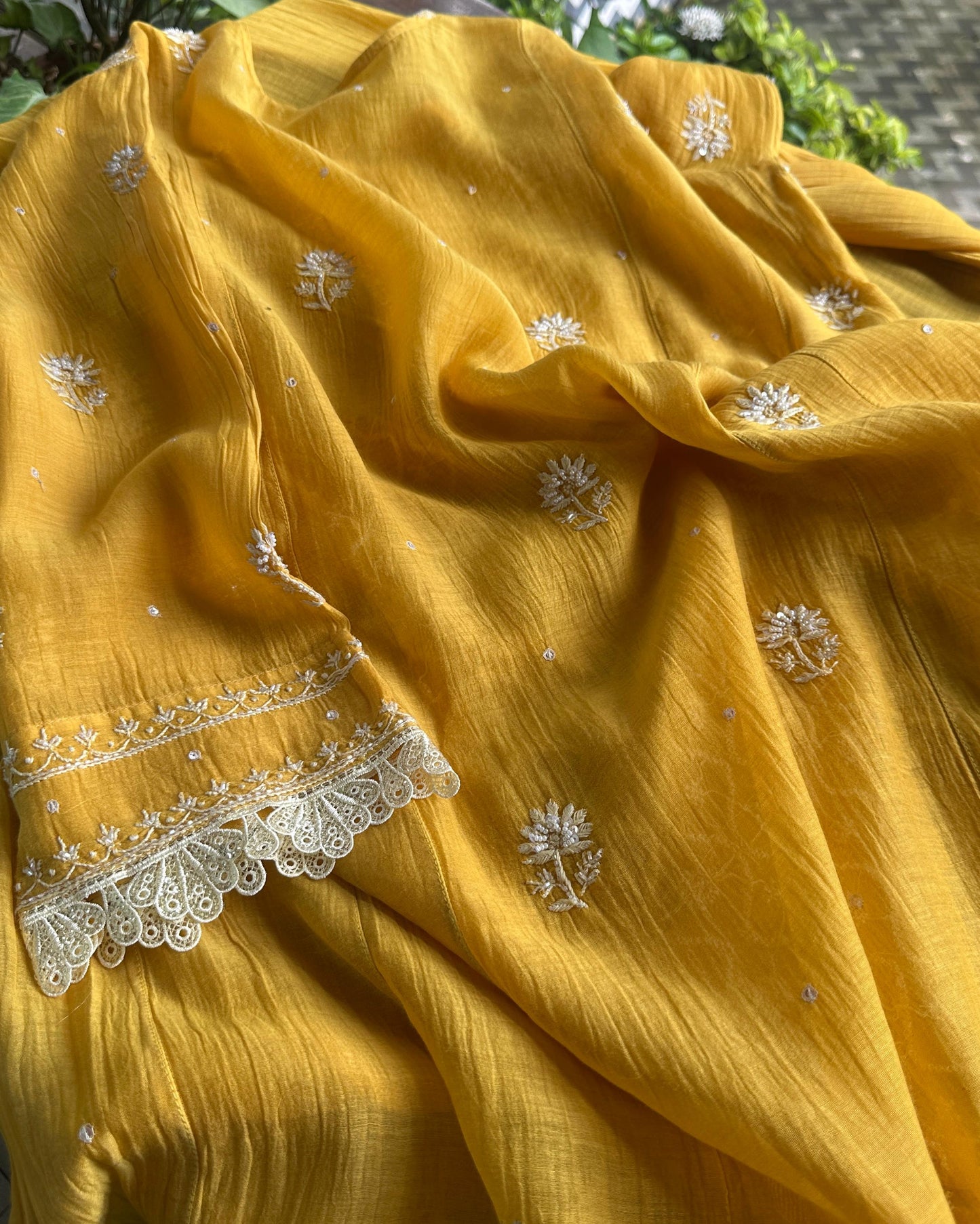 Yellow Malmal Pearl Work Chikankari Kalidar A Line Kurta With Dupatta